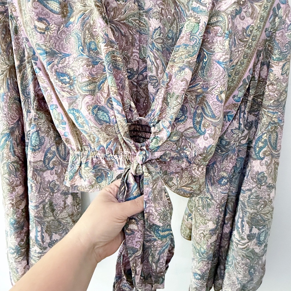 Earthbound Paisley Crop Top Medium Boho Bell Sleeve Tie Front Hippie Festival - Picture 2 of 8
